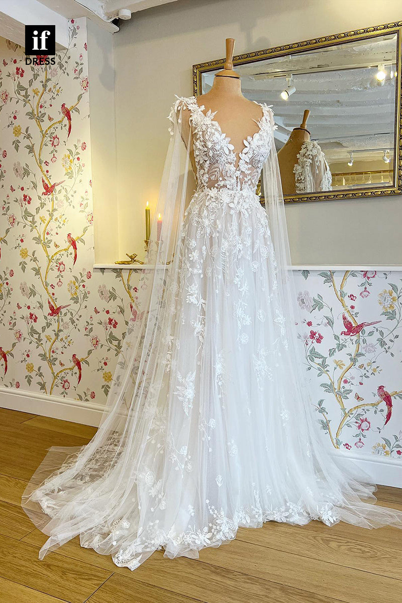 71017 - Attractive A-Line V-Neck Lace Appliques Bohemian Wedding Dresses
