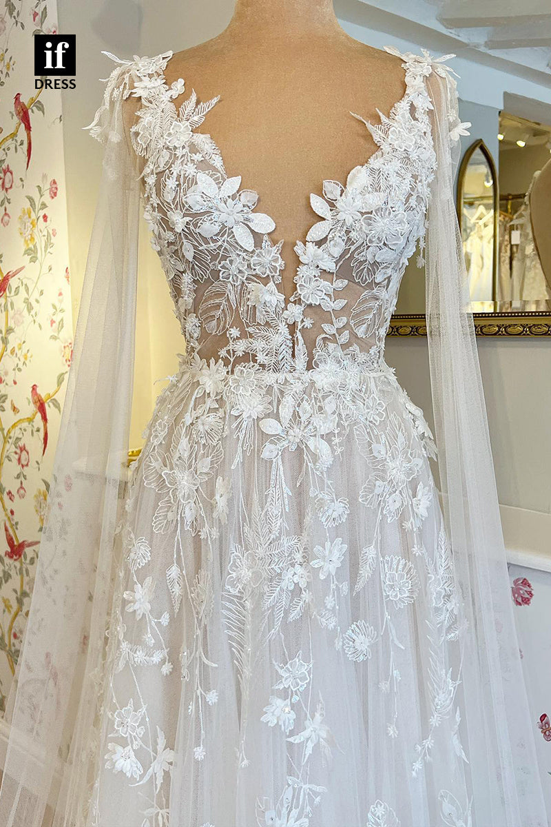 71017 - Attractive A-Line V-Neck Lace Appliques Bohemian Wedding Dresses