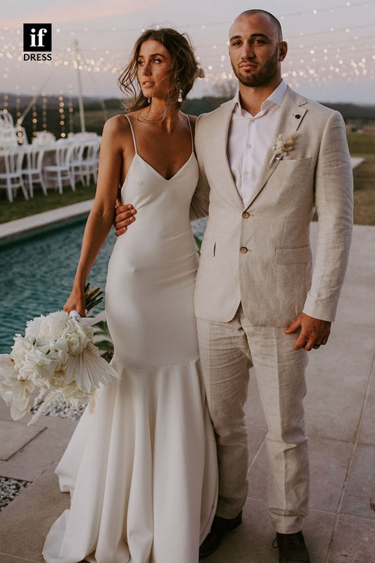 71020 - Classic Spaghetti Straps V-Neck Beach Wedding Dress