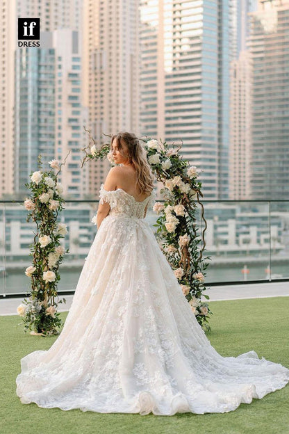 71022 - Elegant A-Line Off-Shoulder Sweetheart Appliques Boho Wedding Dress