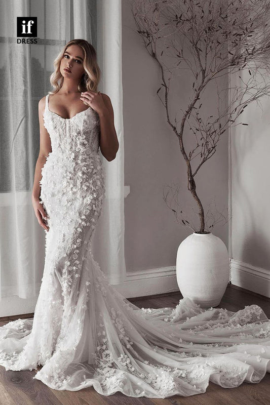 71024 - Charming Straps Scoop Lace Appliques Beach Wedding Dress