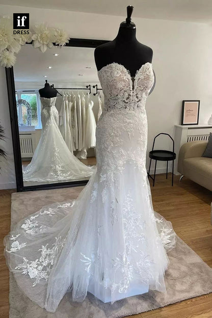 71034 - Classic Off-Shoulder Sweetheart Lace Appliques Mermaid Wedding Dress