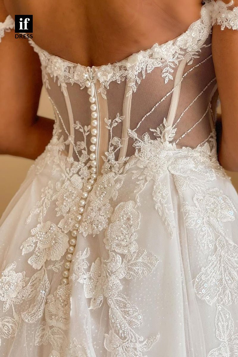 71036 - Adorable Off-Shoulder Cap Sleeves Appliques Bohemian Wedding Dress