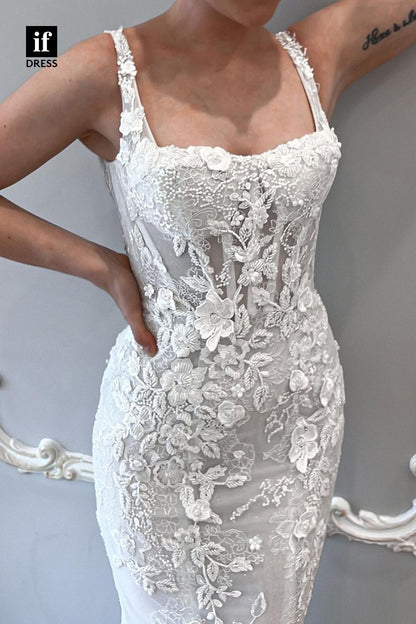 71037 - Romantic Double Straps Scoop Lace Appliques Boho Wedding Dress
