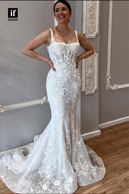 71037 - Romantic Double Straps Scoop Lace Appliques Boho Wedding Dress
