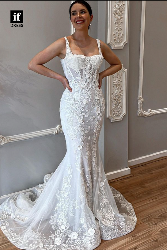 71037 - Romantic Double Straps Scoop Lace Appliques Boho Wedding Dress