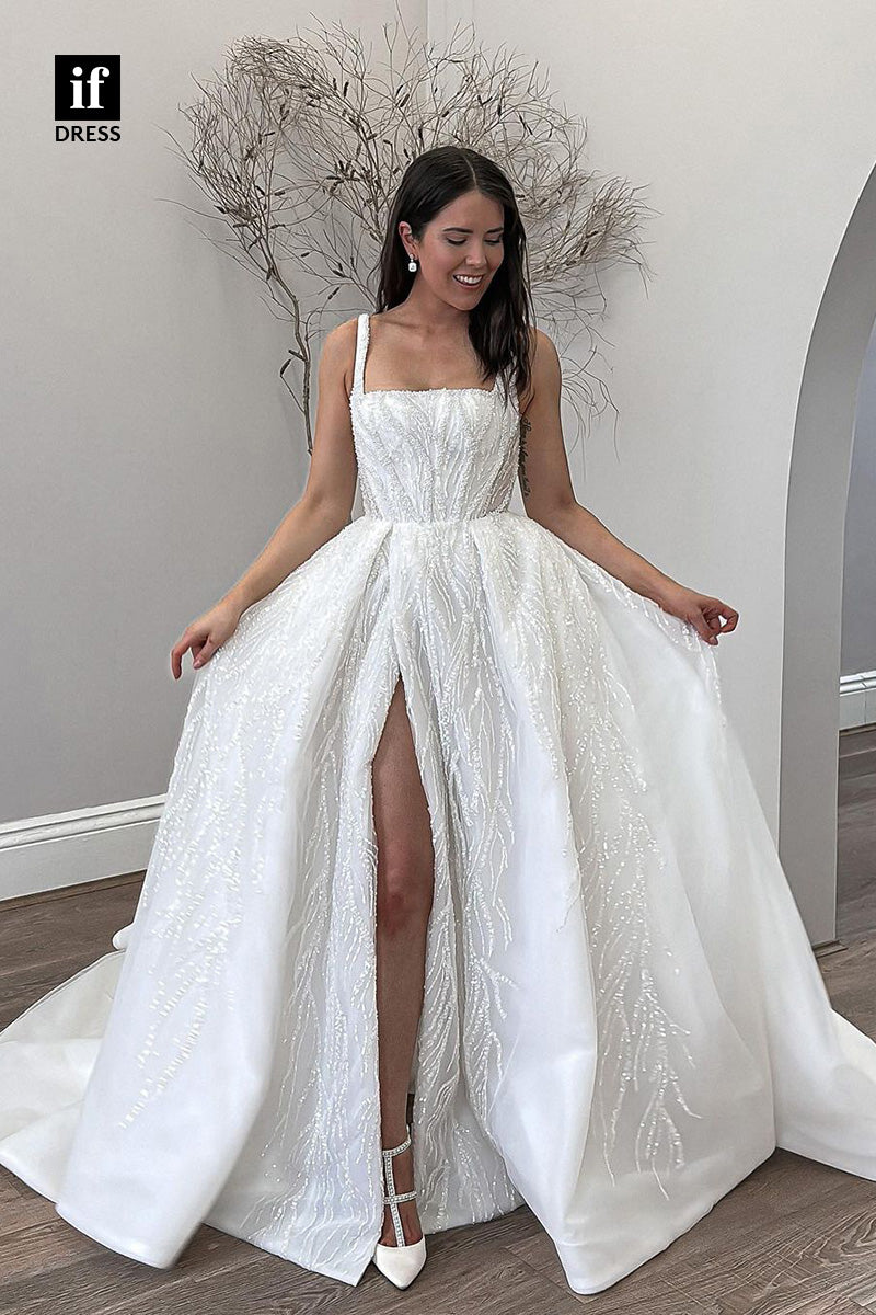 71038 - Generous Straps A-Line Sequins Split Beach Wedding Dresses