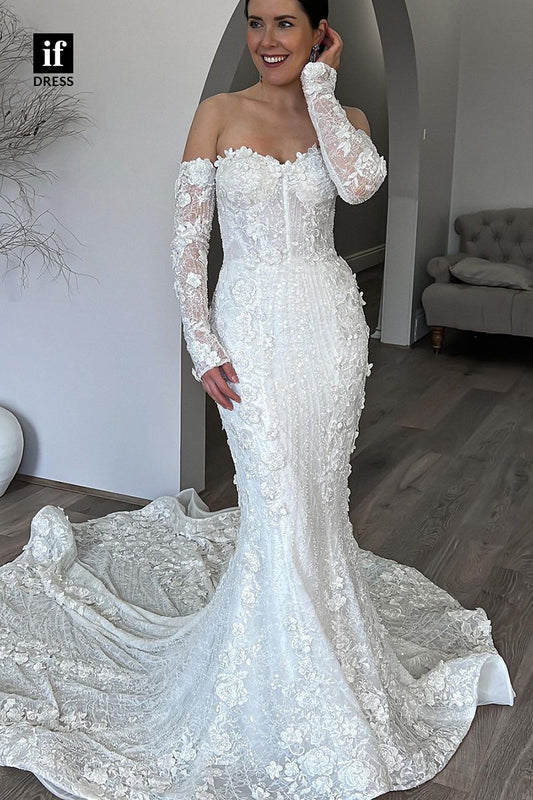 71039 - Stunning Off-Shoulder Lace Appliques Mermaid Boho Wedding Dress