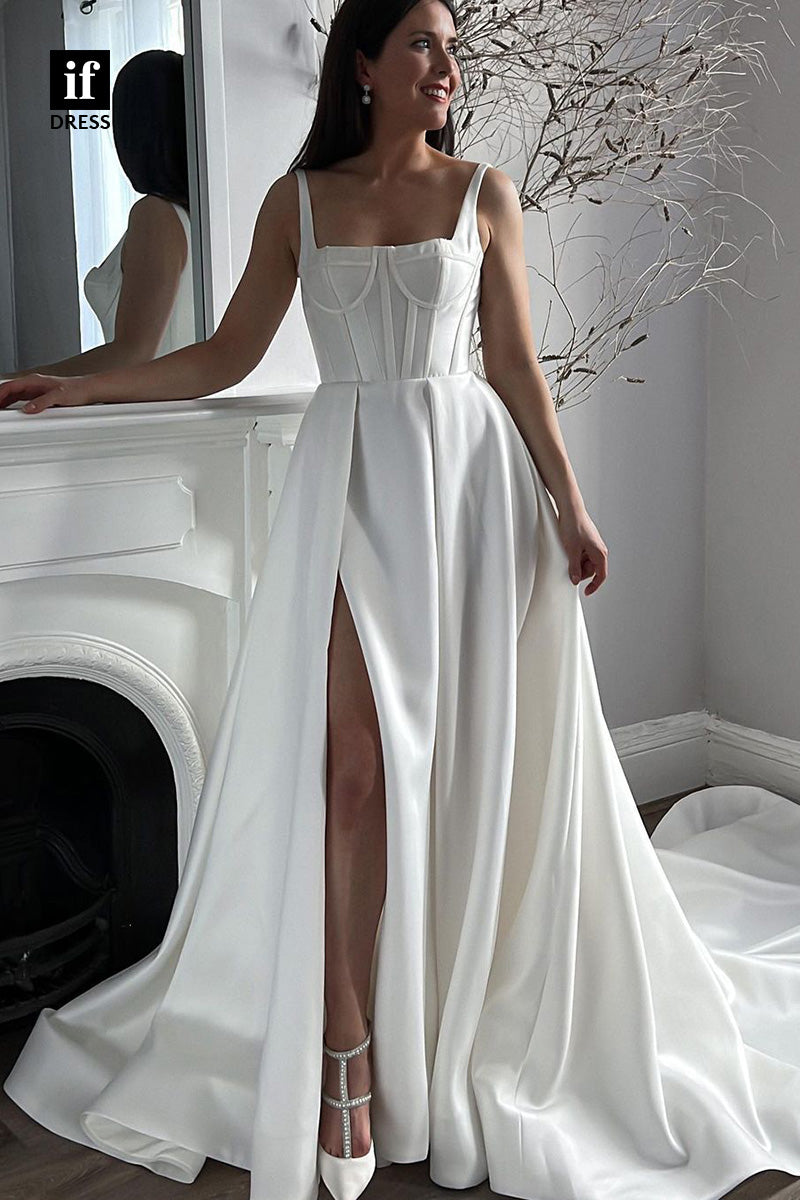 71040 - Classic Double Straps Side Slit A-line Bohemian Wedding Dress
