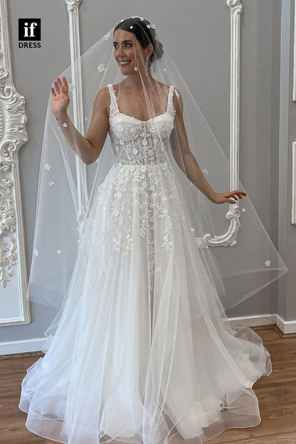 71041 - Romantic Double Straps Sweetheart Appliques Boho Wedding Dress