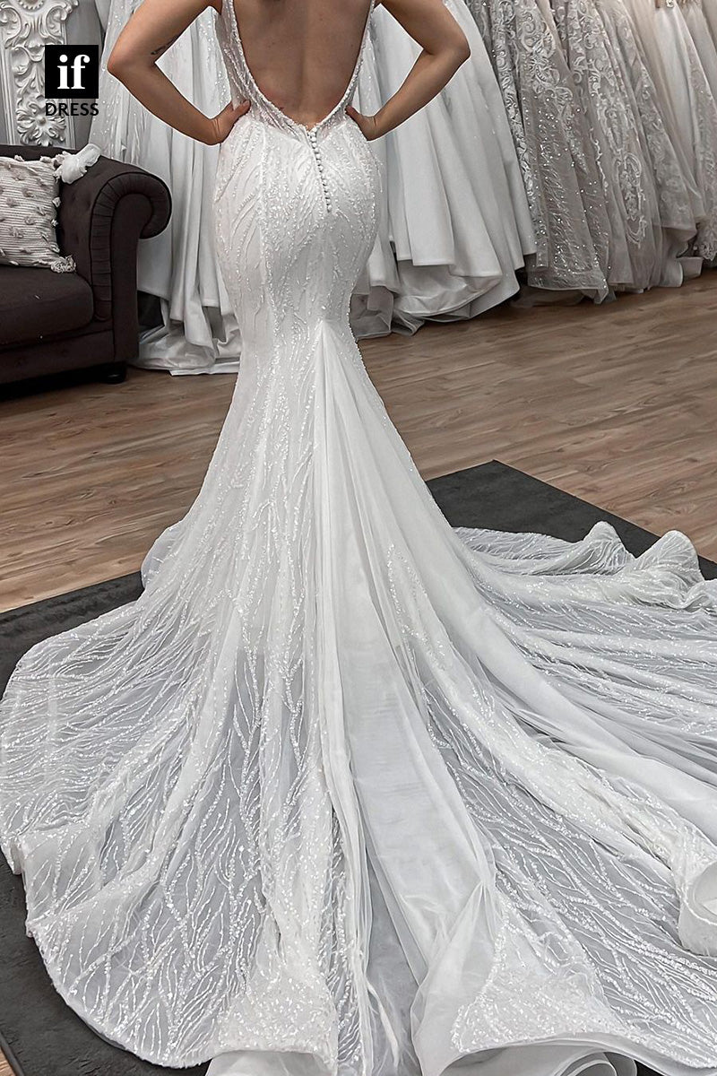 71043 - Unique Straps V-Neck  Sleeveless Mermaid Beach Wedding Dress