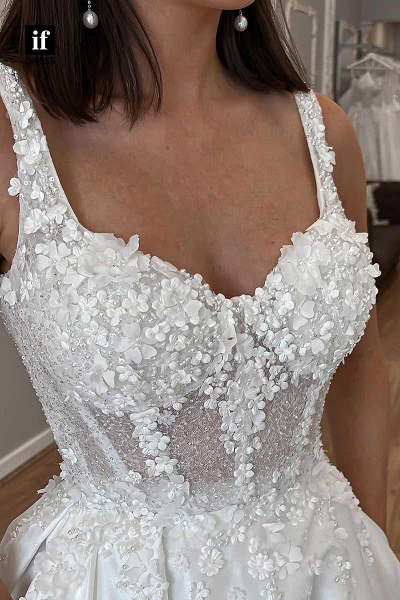 71044 - Attractive Straps Lace Appliques Side Slit Bohemian Wedding Dress
