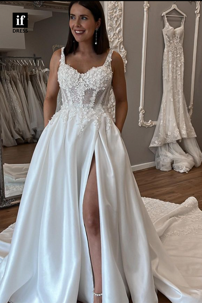 71044 - Attractive Straps Lace Appliques Side Slit Bohemian Wedding Dress