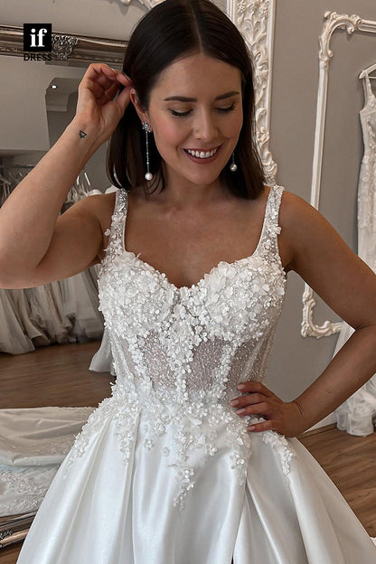 71044 - Attractive Straps Lace Appliques Side Slit Bohemian Wedding Dress