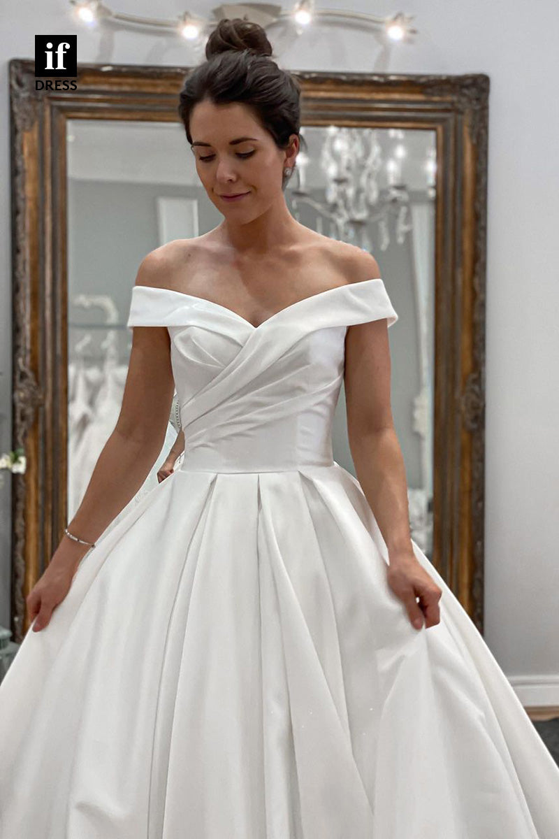 71051 - Classic Off-Shoulder Cap Sleeves A-Line Pleats Boho Wedding Dress