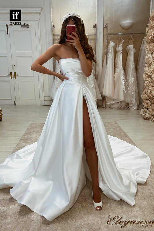 31610 - Classic A-Line Off-Shoulder High Split Satin Wedding Dress