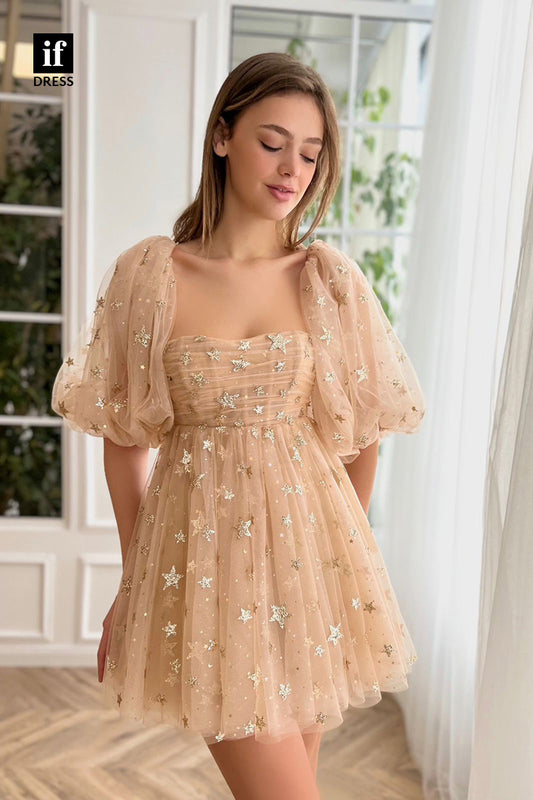F1-1043 - Attractive A-line Print Half Sleeves Tulle Mini Homecoming Dress
