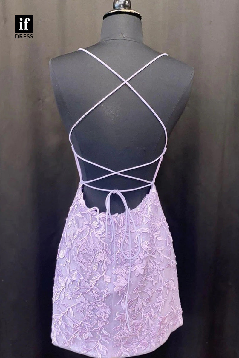 F1-1054 - Charming Spaghetti Straps Lace Appliques Mini Homecoming Dress