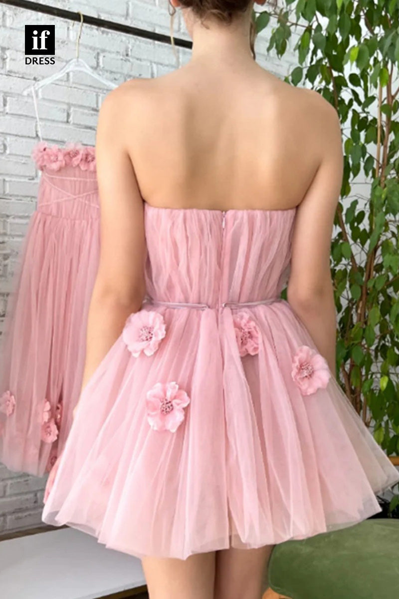 F1-1060 - Floral Off-Shoulder A-Line Tulle Mini Homecoming Dress