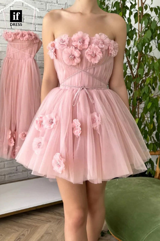 F1-1060 - Floral Off-Shoulder A-Line Tulle Mini Homecoming Dress