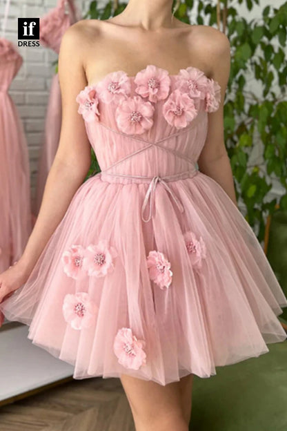 F1-1060 - Floral Off-Shoulder A-Line Tulle Mini Homecoming Dress