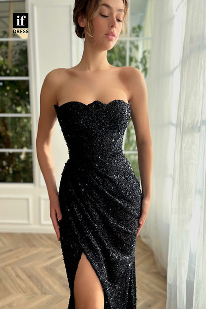 34008 - Elegant Off-Shoulder Side Split Sequined Strapless Formal Dress