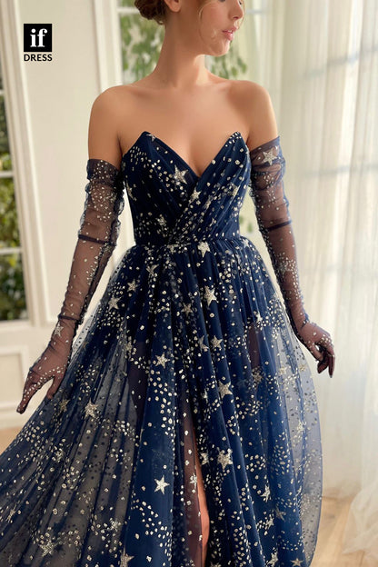34006 - Romantic Off-Shoulder V-Neck Long Sleeves Printed Prom Formal Gown