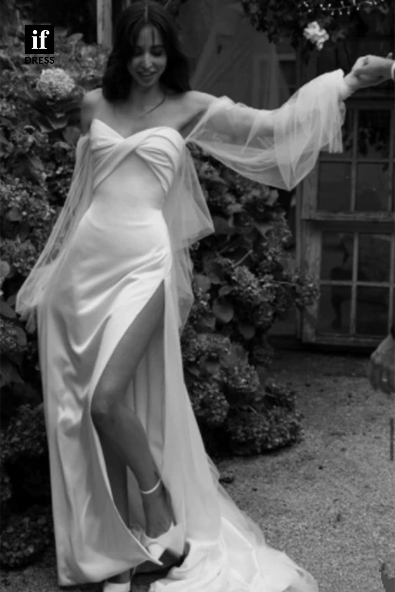31585 - Glamorous Off-Shoulder Pleats V-Neck High Split Beach Wedding Dress