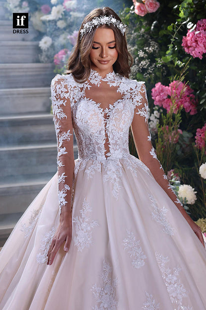 30501 - Unique High Neckline Lace Appliques Long Sleeves Wedding Dress Rustic Bridal Gown