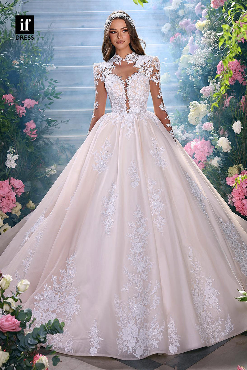 30501 - Unique High Neckline Lace Appliques Long Sleeves Wedding Dress Rustic Bridal Gown