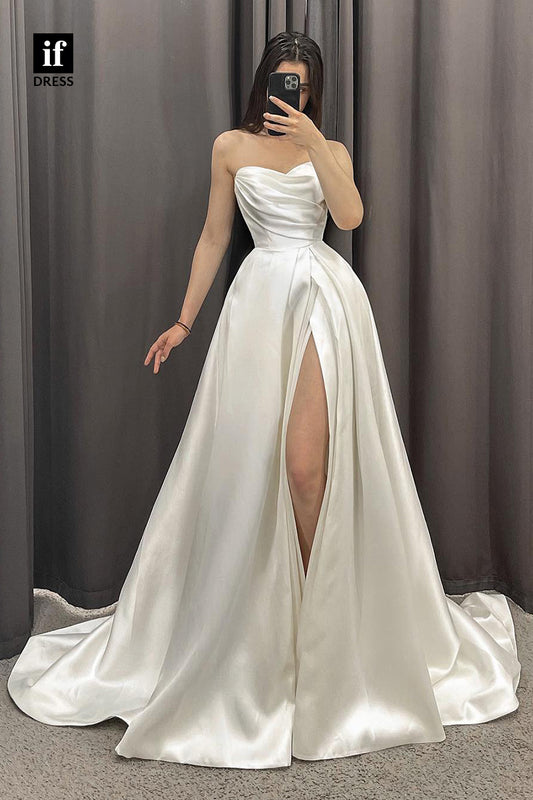 30503 - A-line Straples High Split Satin Simple Wedding Dress