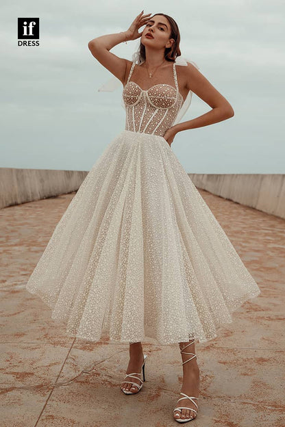 30504 - Spaghetti Straps A-line Bohemian Wedding Dress Tea Length