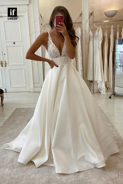 30517 - Plunging V-Neck Lace Appliques Satin Simple Rustic Wedding Dress