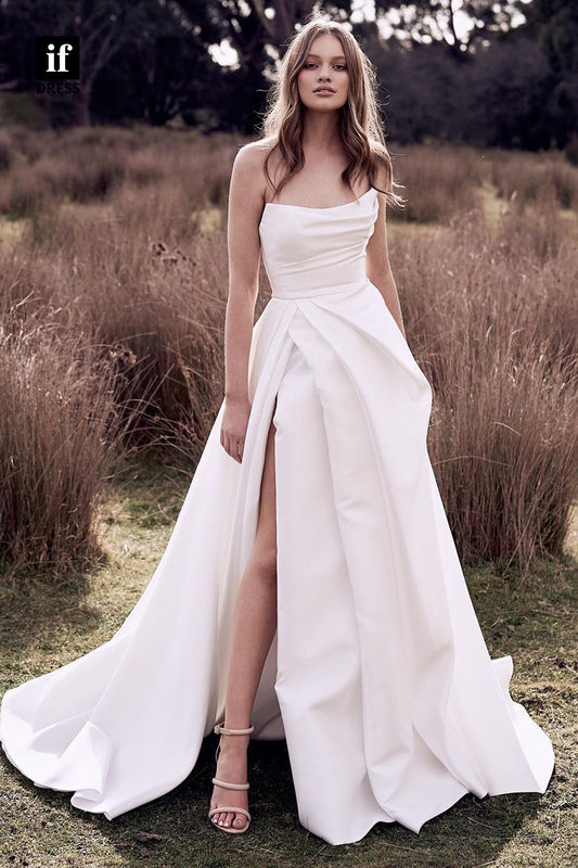 30519 - A-line Strapless Pleats Side Slit Rustic Wedding Dress Satin Bridal Gowns