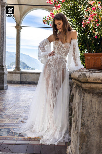 30522 - A-line Sweetheart Long Sleeves Bohemain Wedding Dress