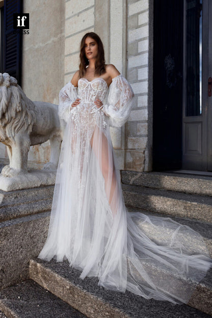30522 - A-line Sweetheart Long Sleeves Bohemain Wedding Dress