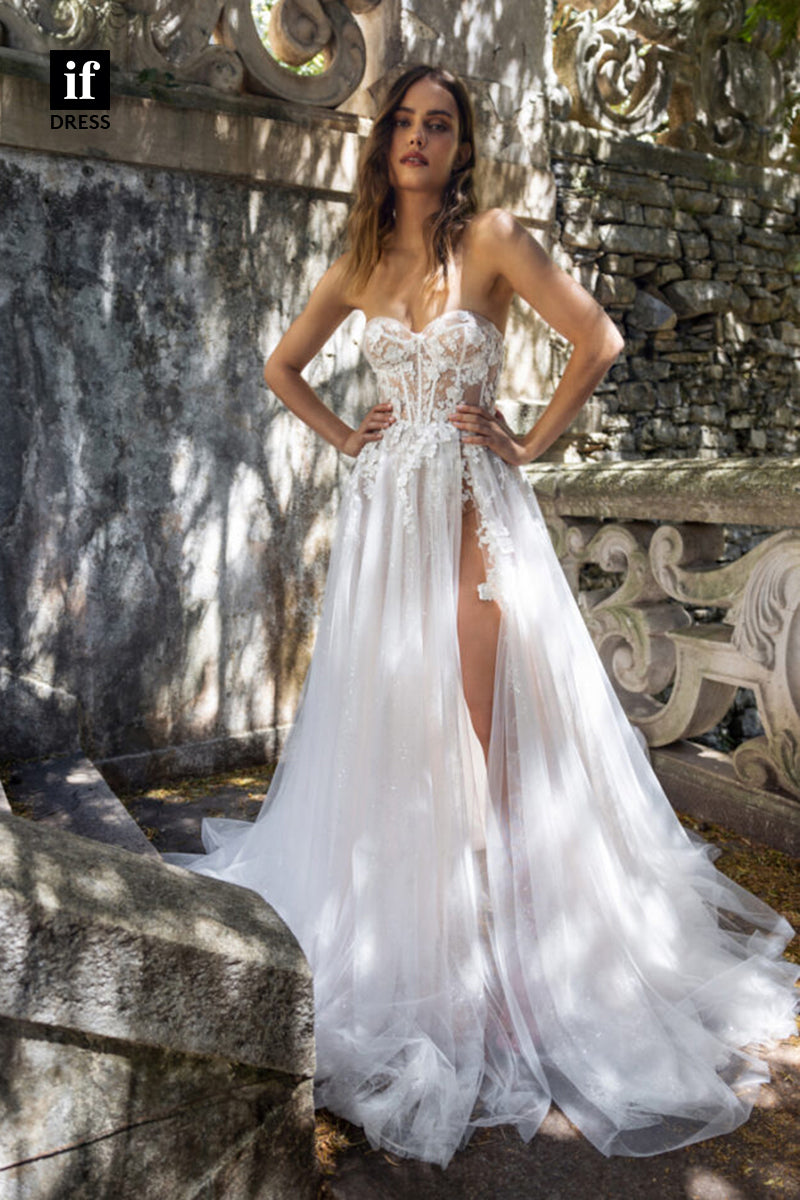 30523 - A-line Sweetheart Lace Appliques Split Bohemian Wedding Dress