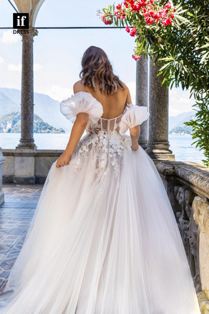 30524 - A-line Sweetheart Short Sleeves Lace Appliques Bohemian Wedding Dress