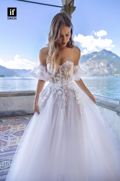 30524 - A-line Sweetheart Short Sleeves Lace Appliques Bohemian Wedding Dress