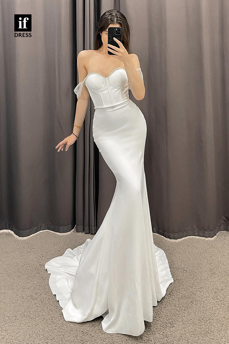 30526 - Off the Shoulder Beads Mermaid Wedding Dress Simple Bridal Gown