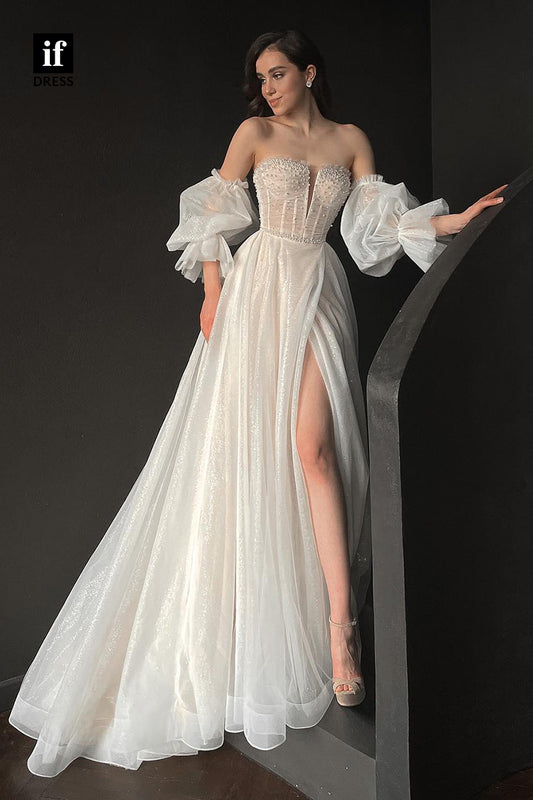 30527 - Plunging V-Neck Short Sleeves Jewels A-line Bohemian Wedding Dress