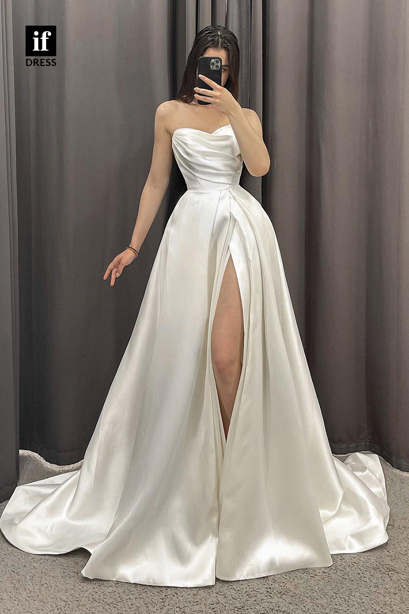 rustic satin dress A-line Sweetheart Beads High Split Satin Rustic Wedding Dress QW2330 US10 / Ivory