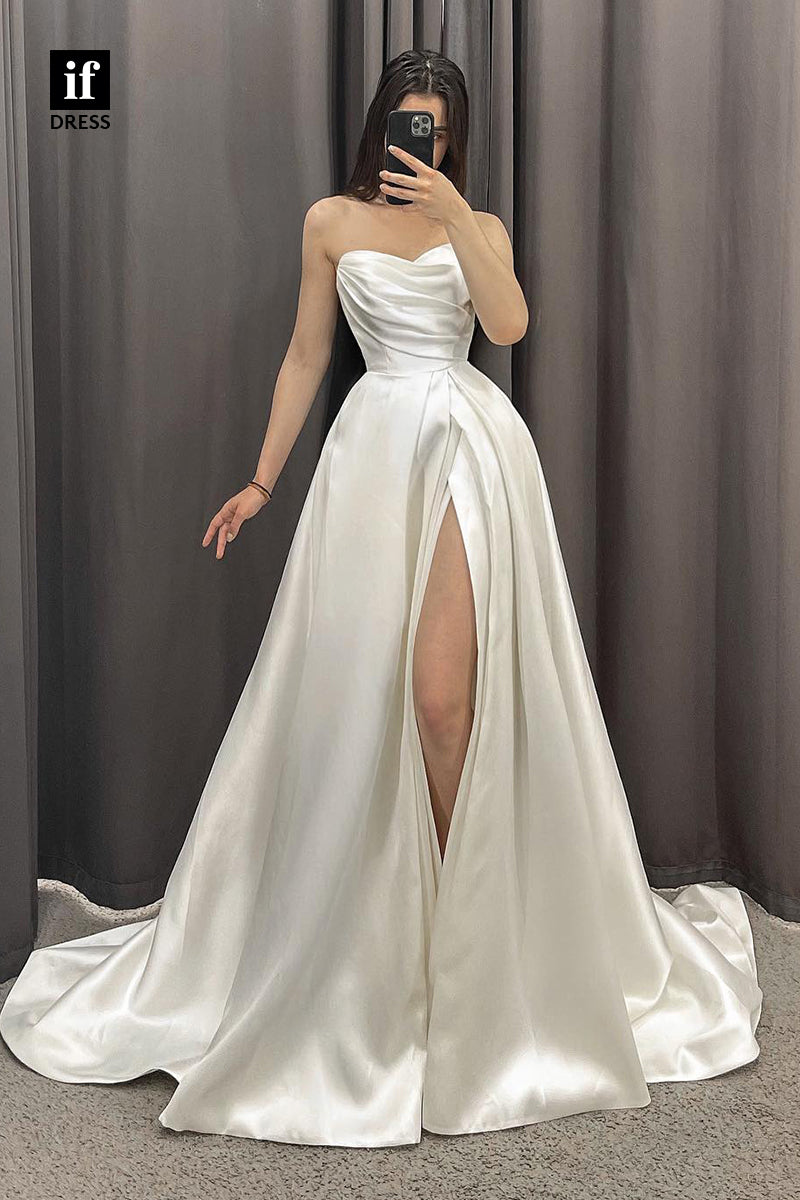 30528 - A-line Pleats Satin High Split Simple Rustic Wedding Dress