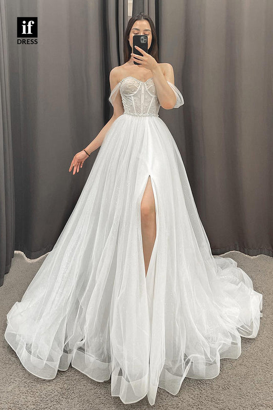 30530 - A-line Sweetheart Beads Rustic Wedding Dress with Slit Bridal Gown