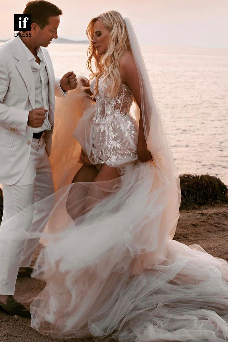 30533 - A-line Sweetheart Lace Appliques Bohemian Wedding Dress with Slit