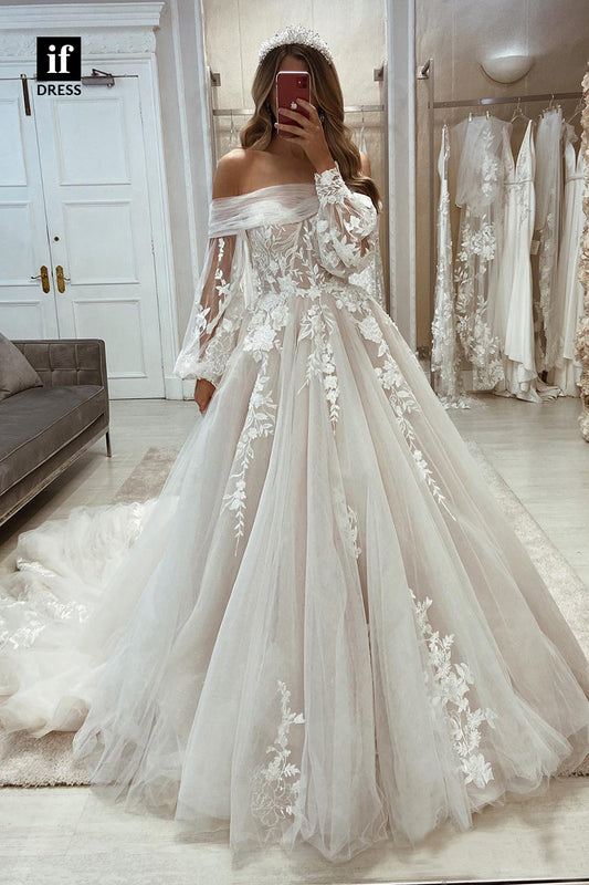 30536 - Unique Off the Shoulder Lace Appliques Long Sleeves Rustic Wedding Dress