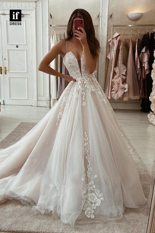30538 - Plunging V-Neck Lace Appliques Rustic Wedding Dress