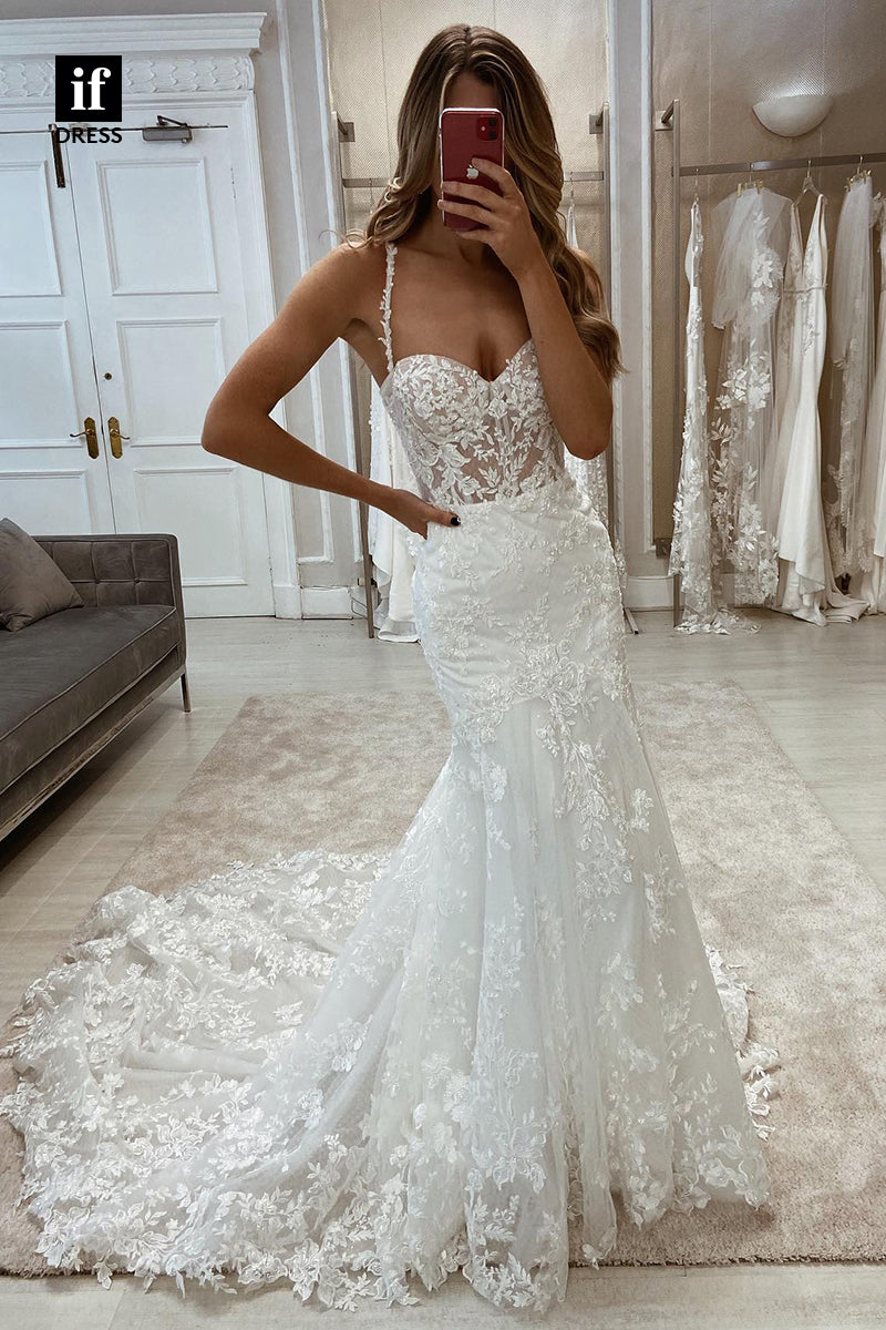 30539 - Allover Lace Spaghetti Straps Mermaid Wedding Dress