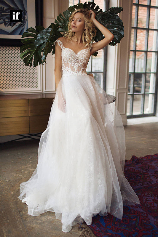 30541 - Illusion Neckline Lace Appliques Bohemain Wedding Dress Bridal Gown
