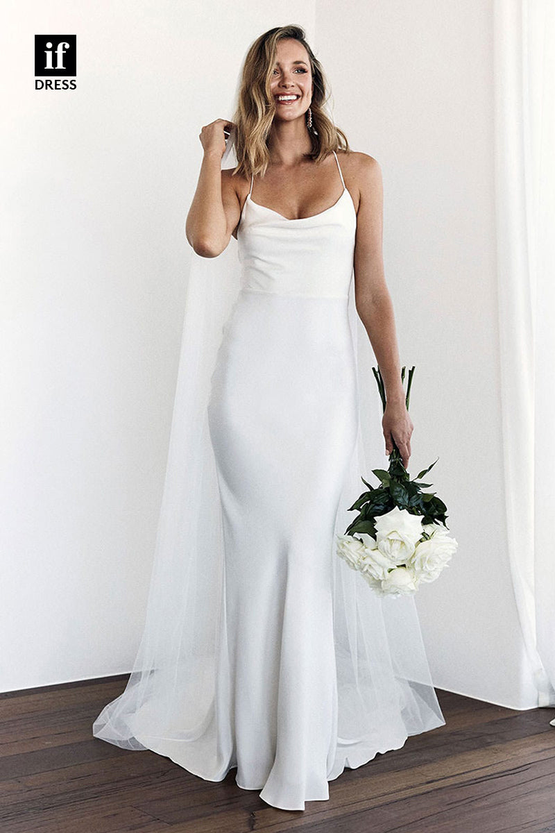 30543 - Spaghetti Straps Ivory Silk Simple Bohemian Wedding Dress